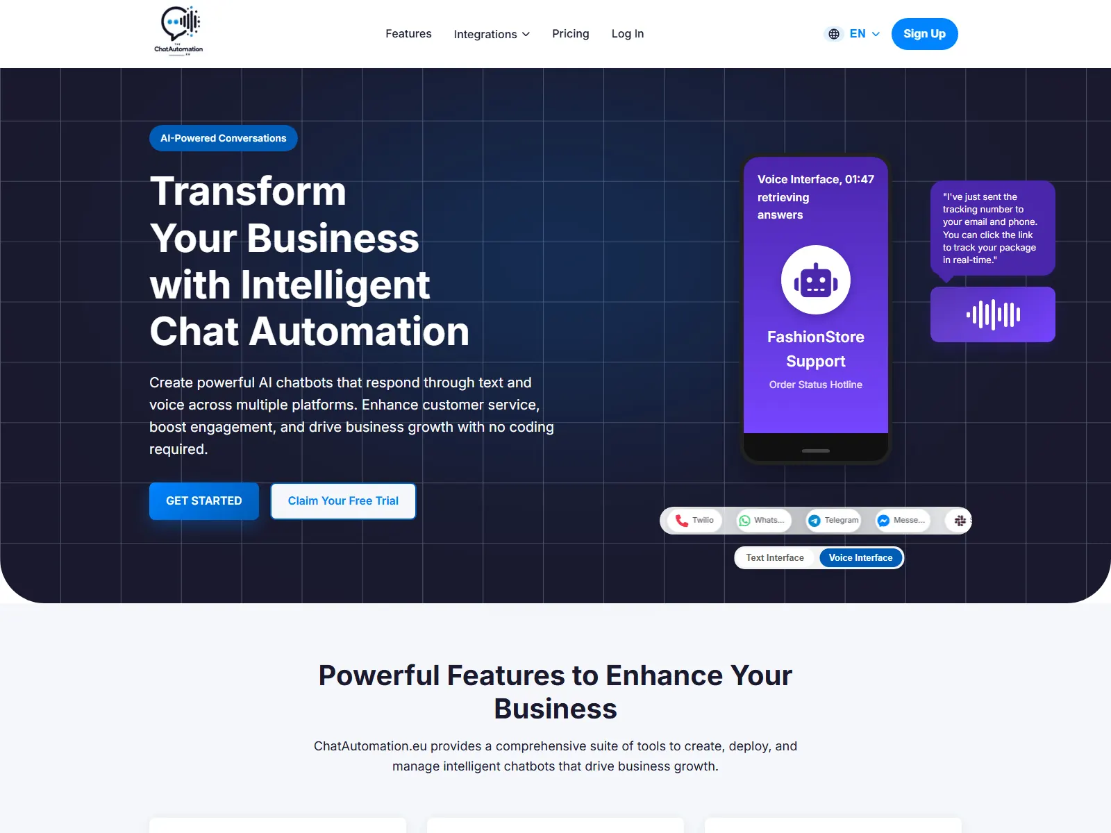 Chat Automation landing page with the headline “Transform your business with intelligent chat automation” beside a phone mockup of a voice support assistant.